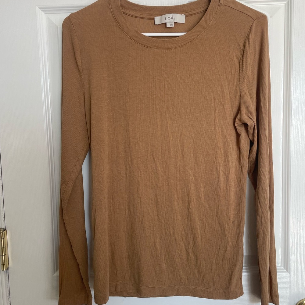 LOFT Ribbed Crewneck Top - Camel Brown